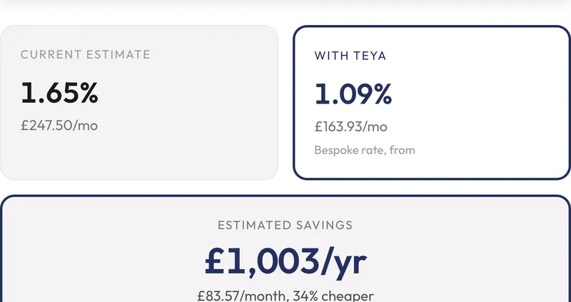 The result block of the live rate calculator: the current estimate beside the Teya rate, with the estimated saving beneath. Example figures, not a quote.