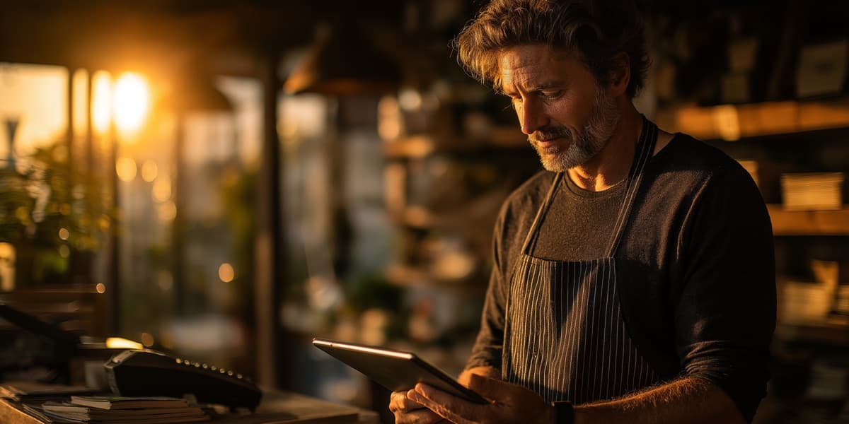 A business owner at his own counter, checking a tablet, warm light.
