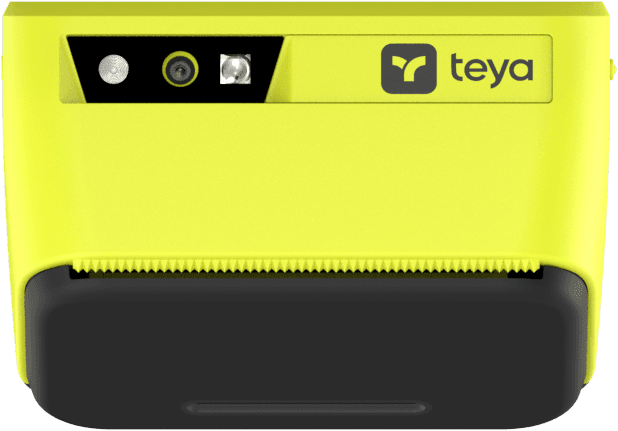 The base of Teya Pro end on: the barcode scanner window, its lens and the red aimer set into the dark panel, the Teya wordmark reading the right way up.