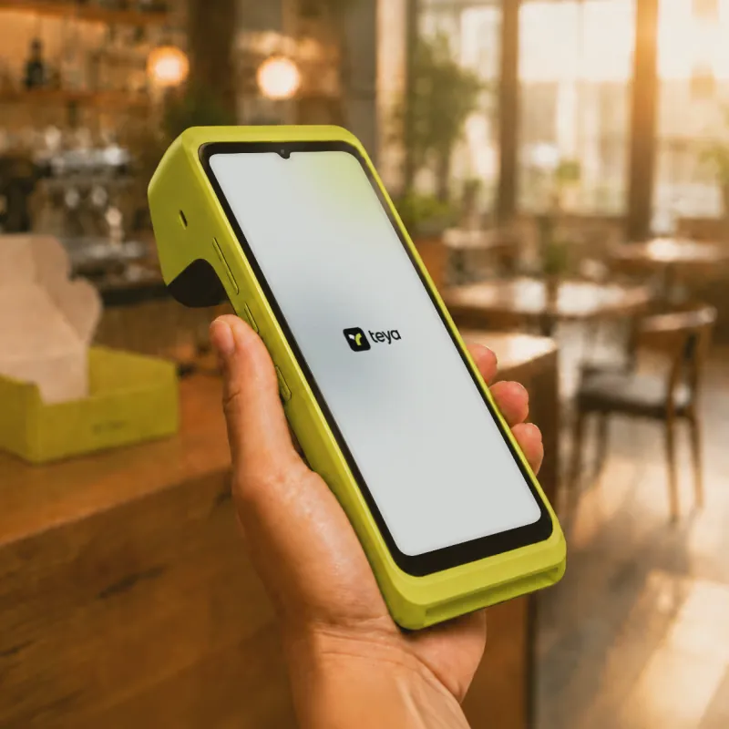 A hand holding a Teya Pro in a restaurant, the interior soft behind it.