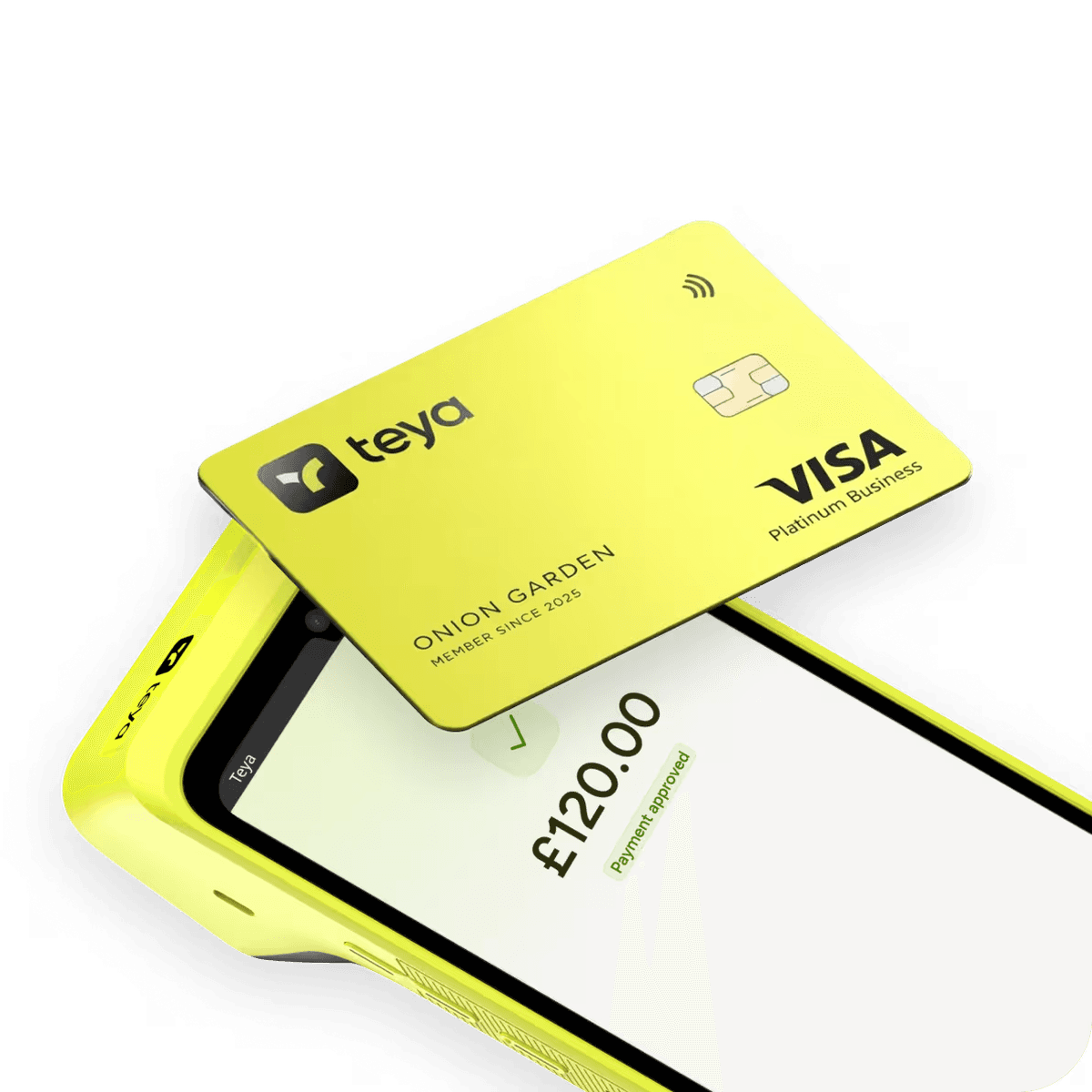 Teya Pro terminal, studio, with a Teya Visa business card on the screen