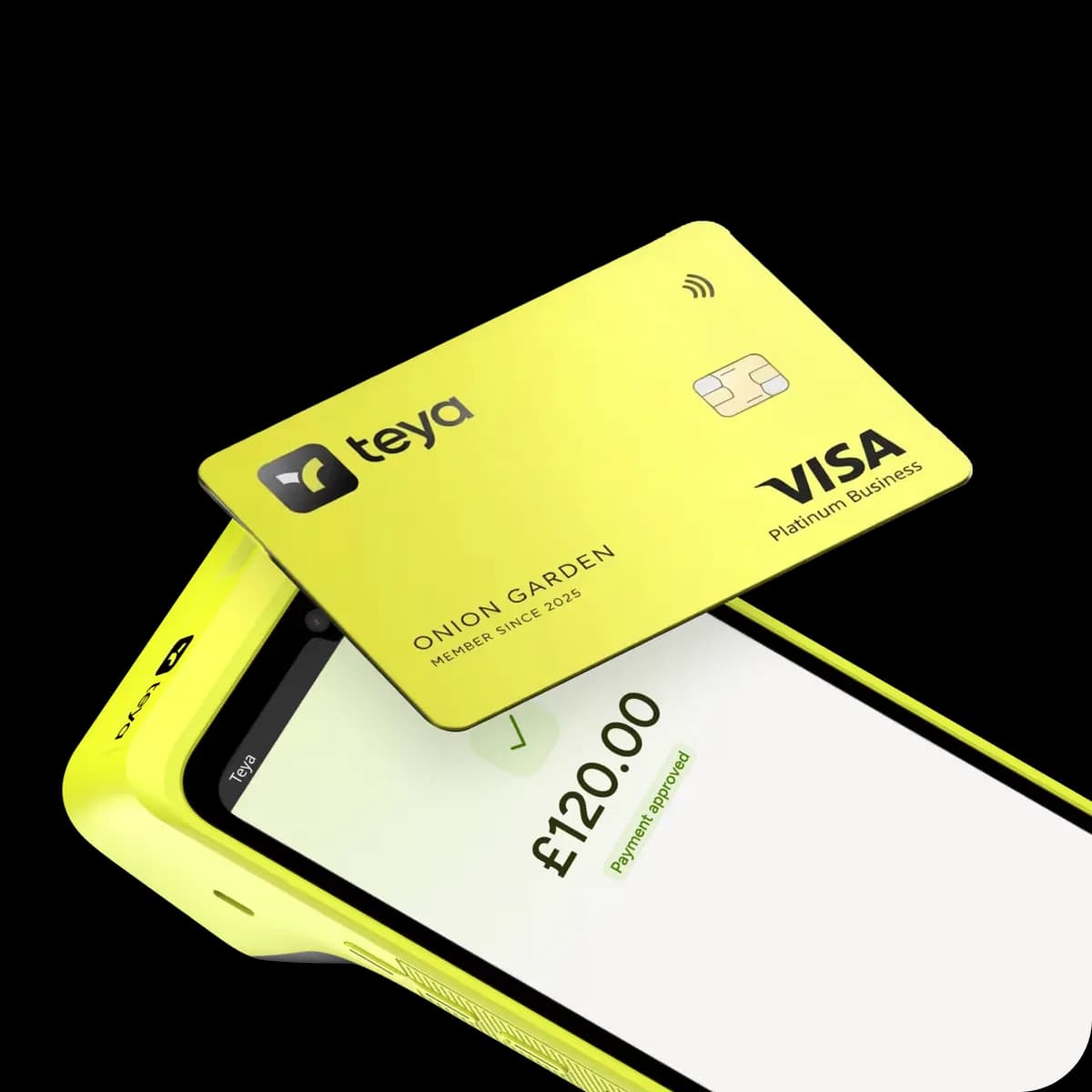 Teya Pro with a Teya Visa business card resting on its screen.