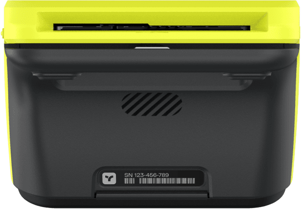 The Teya Pro receipt printer with the paper compartment open, showing where the roll sits and the tear bar above the slot.
