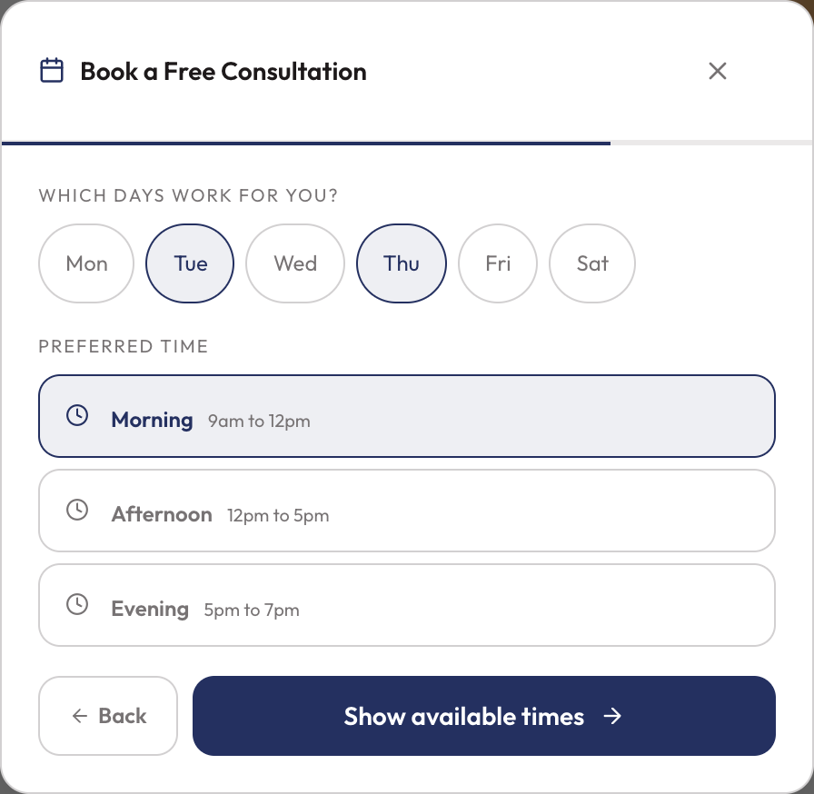 The booking form open on its day and time step, Tuesday and Thursday selected, morning preferred