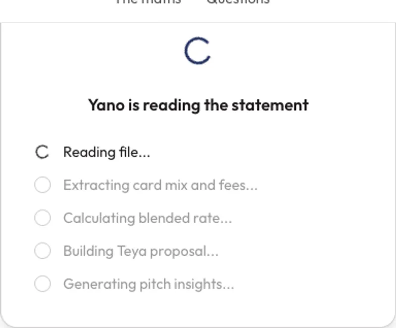 The calculator's own analysis screen, reading a statement, synthetic example.