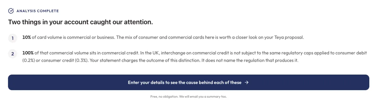The calculator's own findings card, a synthetic example, no real figures.