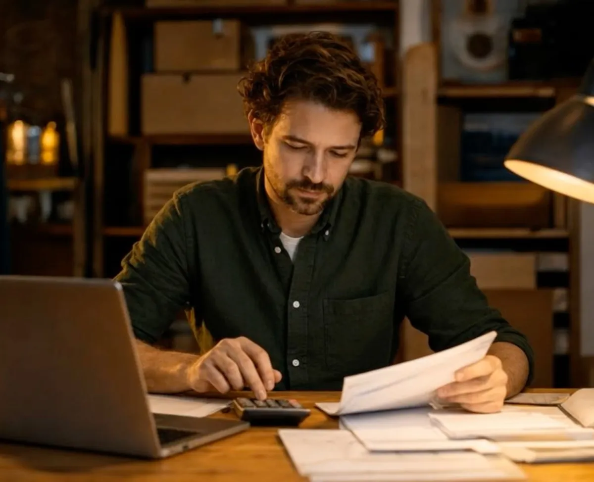 A merchant at a desk reviewing paperwork and a calculator under a lamp