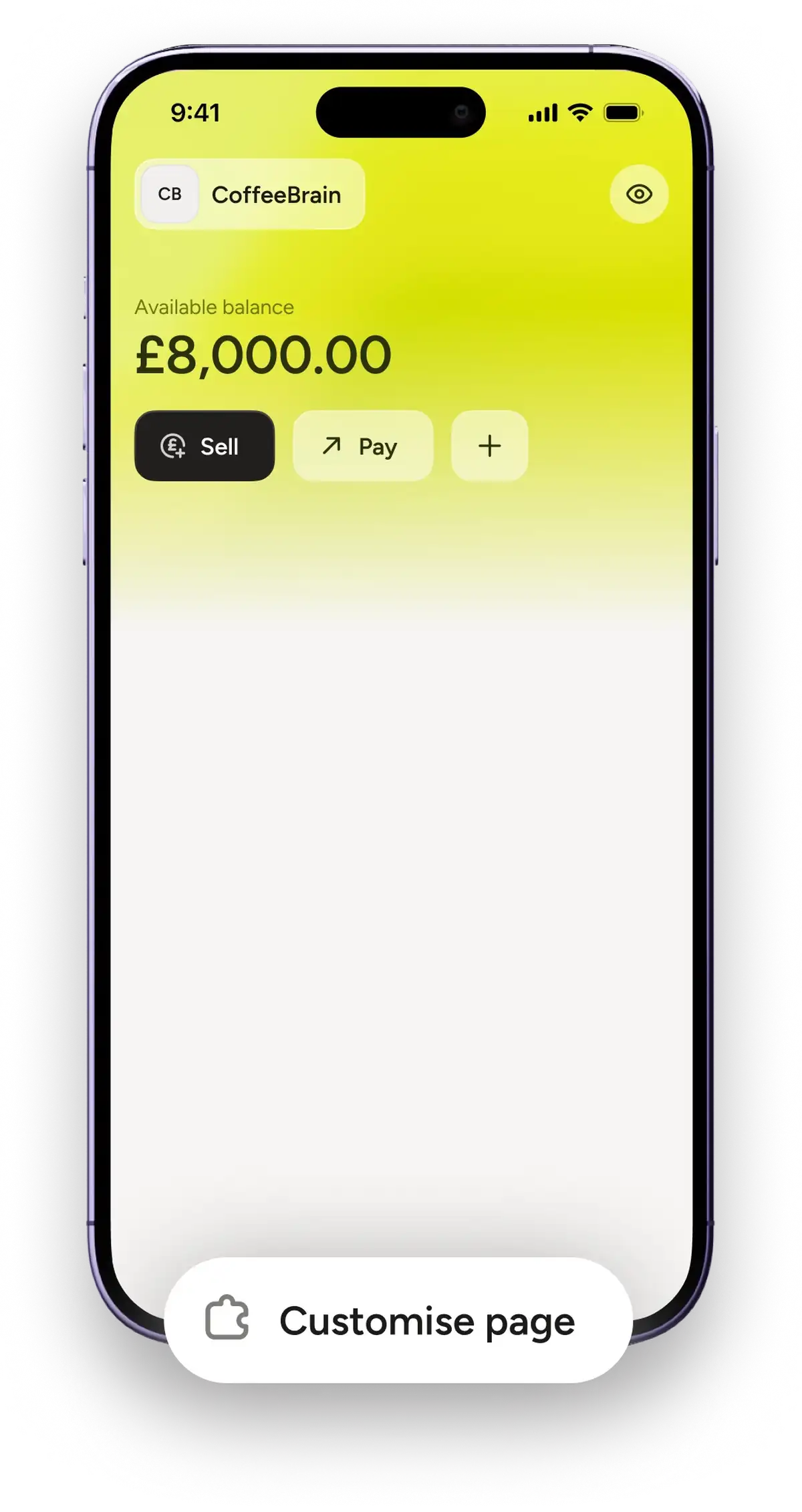 A phone showing the Teya app's home screen, available balance and Sell and Pay buttons