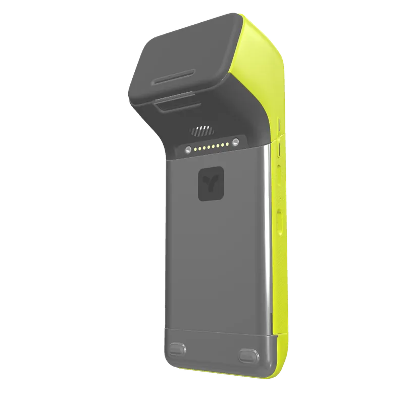 Teya Pro, rear three-quarter view, showing the printer housing above the bottom-mounted scanner