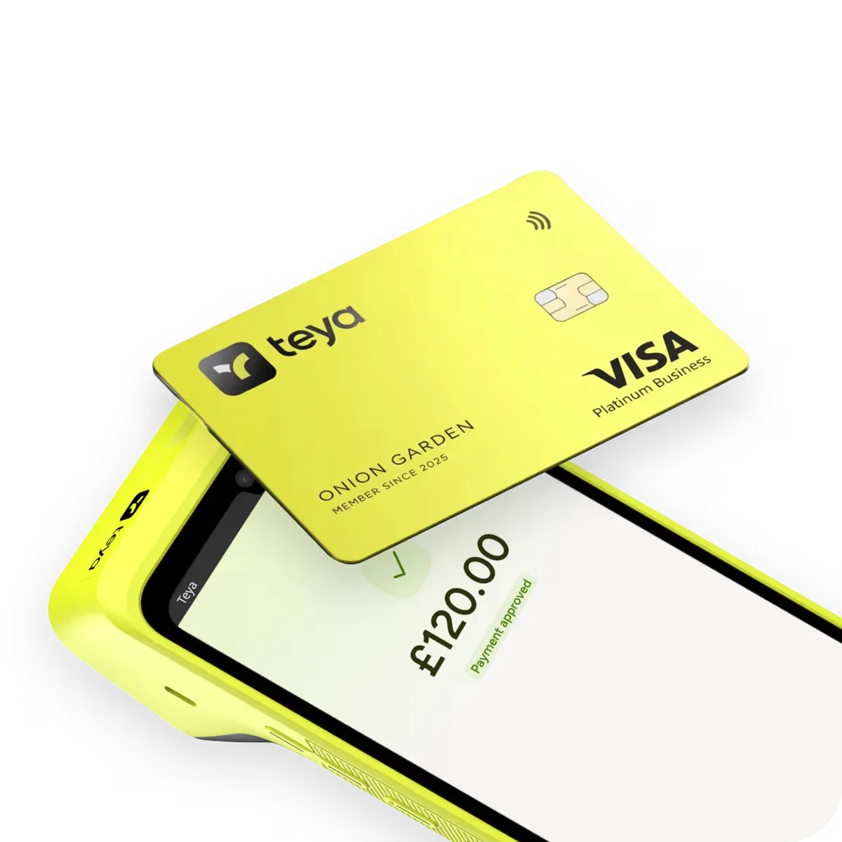 A Teya Pro terminal live on a counter with a Teya Visa business card on the screen.