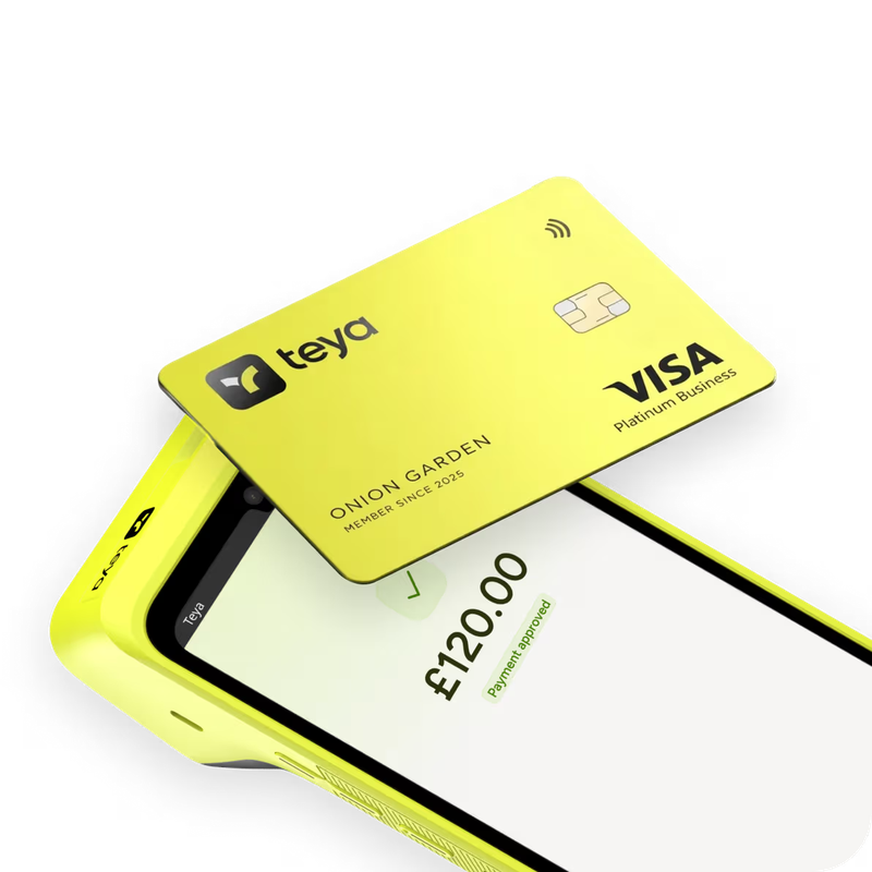 Teya Pro with a Teya Visa business card resting on the screen